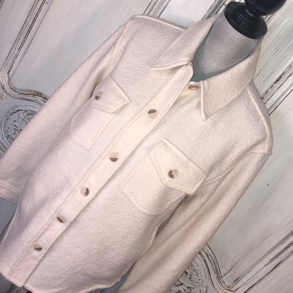 OAK & FORT Thick Rayon Wool Blend Long Sleeve Pointed Collar Button Down Shacket - Picture 3 of 15